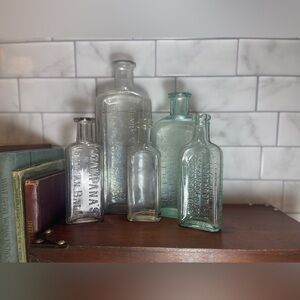 Lot of 5 Antique Iridescence Blue & Clear Montreal Toronto Medicine Herb Bottles